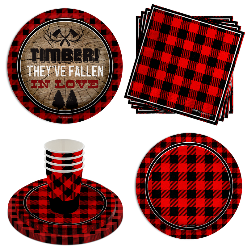 Timber They've Fallen In Love Buffalo Plaid Jack and Jill Party Tableware Kit For 16 Guests 64 Piece