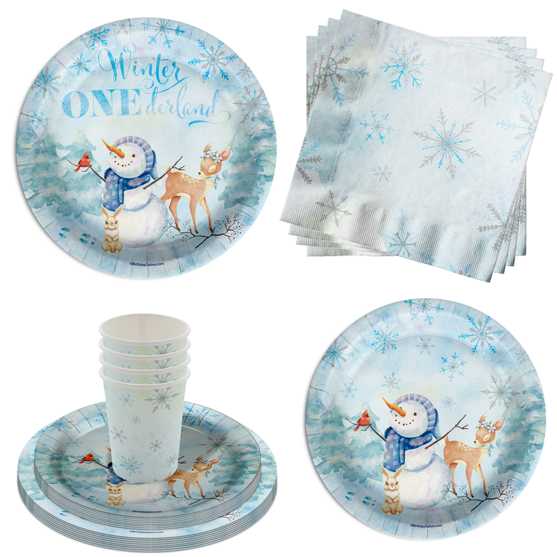 Snowman Winter Onederland 1st Birthday Party Tableware Kit For 16 Guests 64 Piece