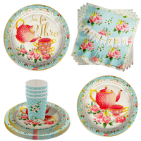 Tea for Three 3rd Birthday Party Supplies 64 Piece Tableware Set Includes Large 9" Paper Plates Dessert Plates, Cups and Napkins Kit for 16