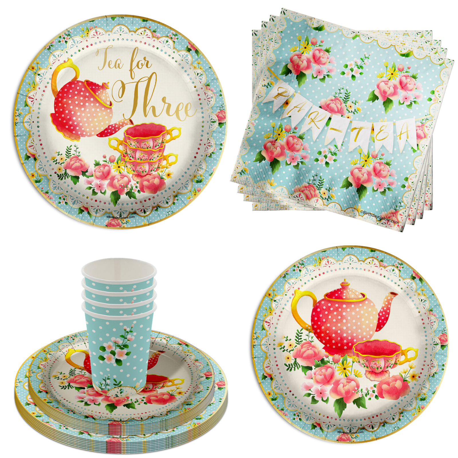 Tea for Three 3rd Birthday Party Supplies 64 Piece Tableware Set Includes Large 9" Paper Plates Dessert Plates, Cups and Napkins Kit for 16