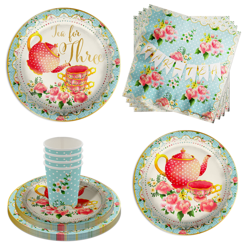 Tea for Three 3rd Birthday Party Supplies 64 Piece Tableware Set Includes Large 9" Paper Plates Dessert Plates, Cups and Napkins Kit for 16