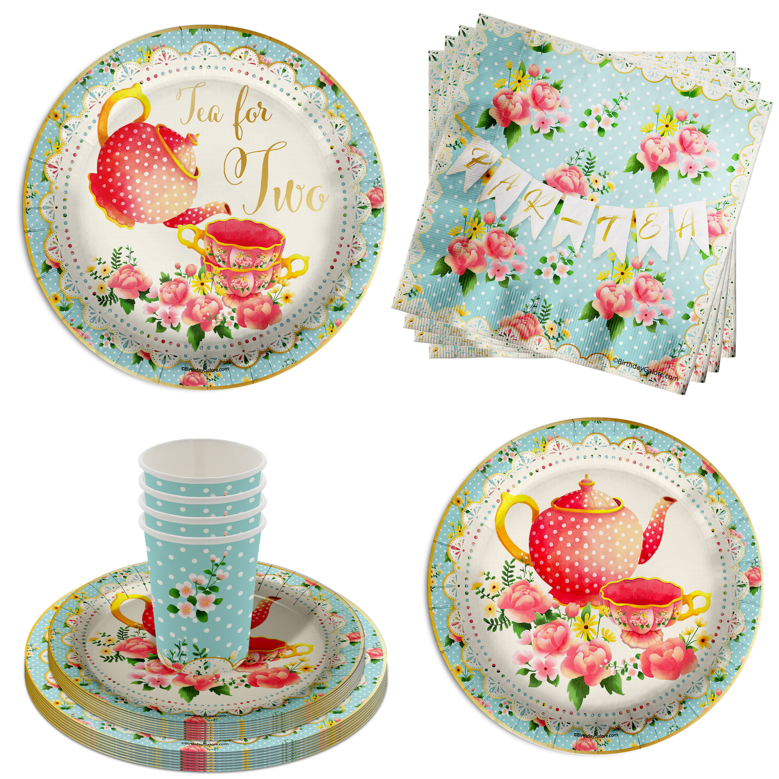 Tea for Two 2nd Birthday Party Supplies 64 Piece Tableware Set Includes Large 9" Paper Plates Dessert Plates, Cups and Napkins Kit for 16