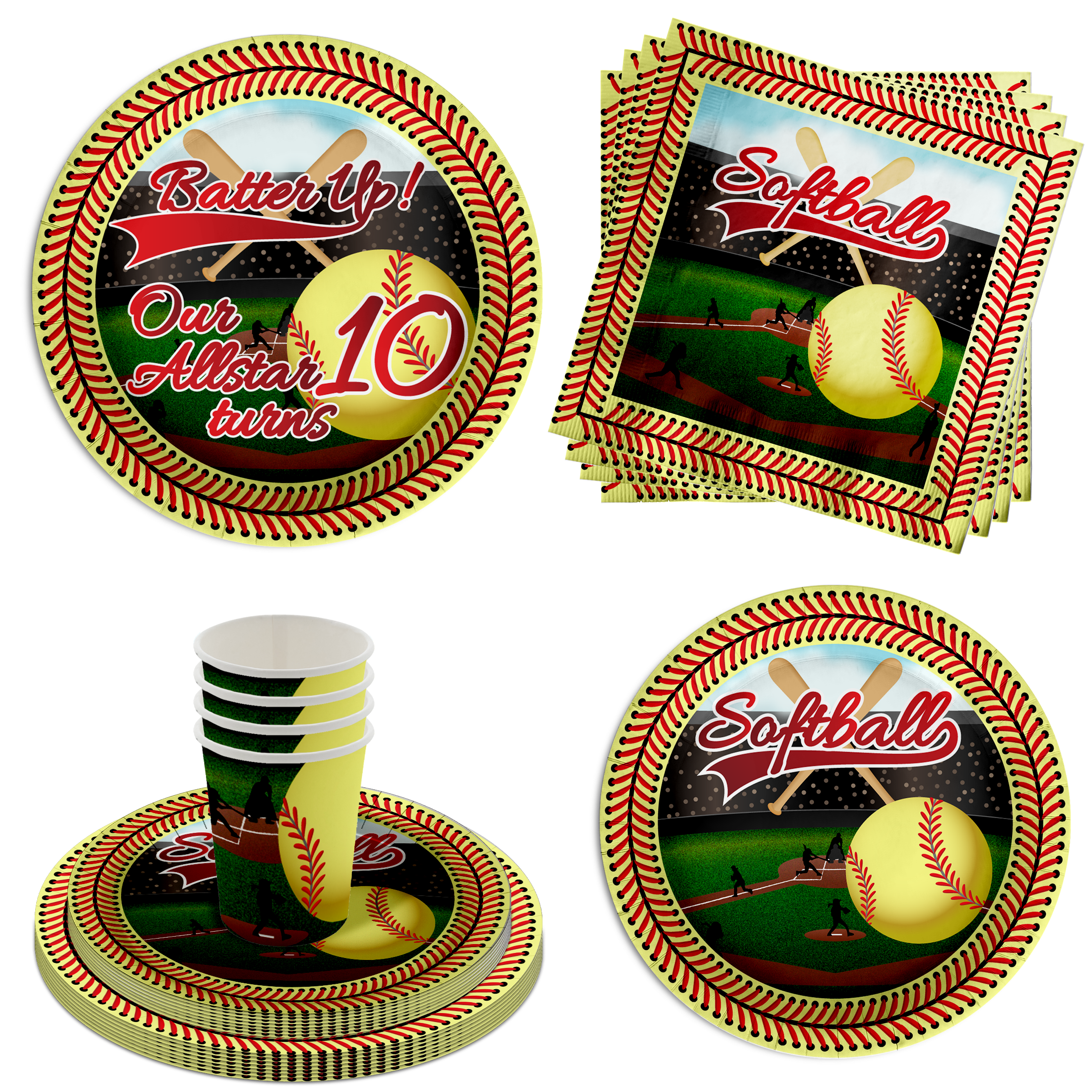 Softball 10th Birthday Party Supplies 64 Piece Tableware Set Includes Large 9" Paper Plates Dessert Plates, Cups and Napkins Kit for 16