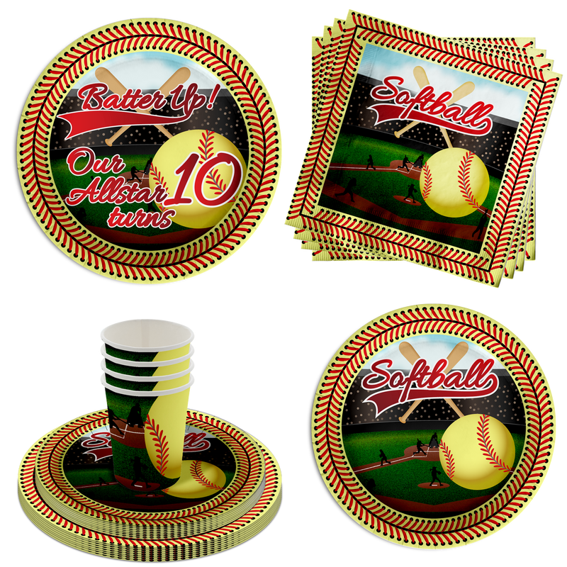Softball 10th Birthday Party Supplies 64 Piece Tableware Set Includes Large 9" Paper Plates Dessert Plates, Cups and Napkins Kit for 16