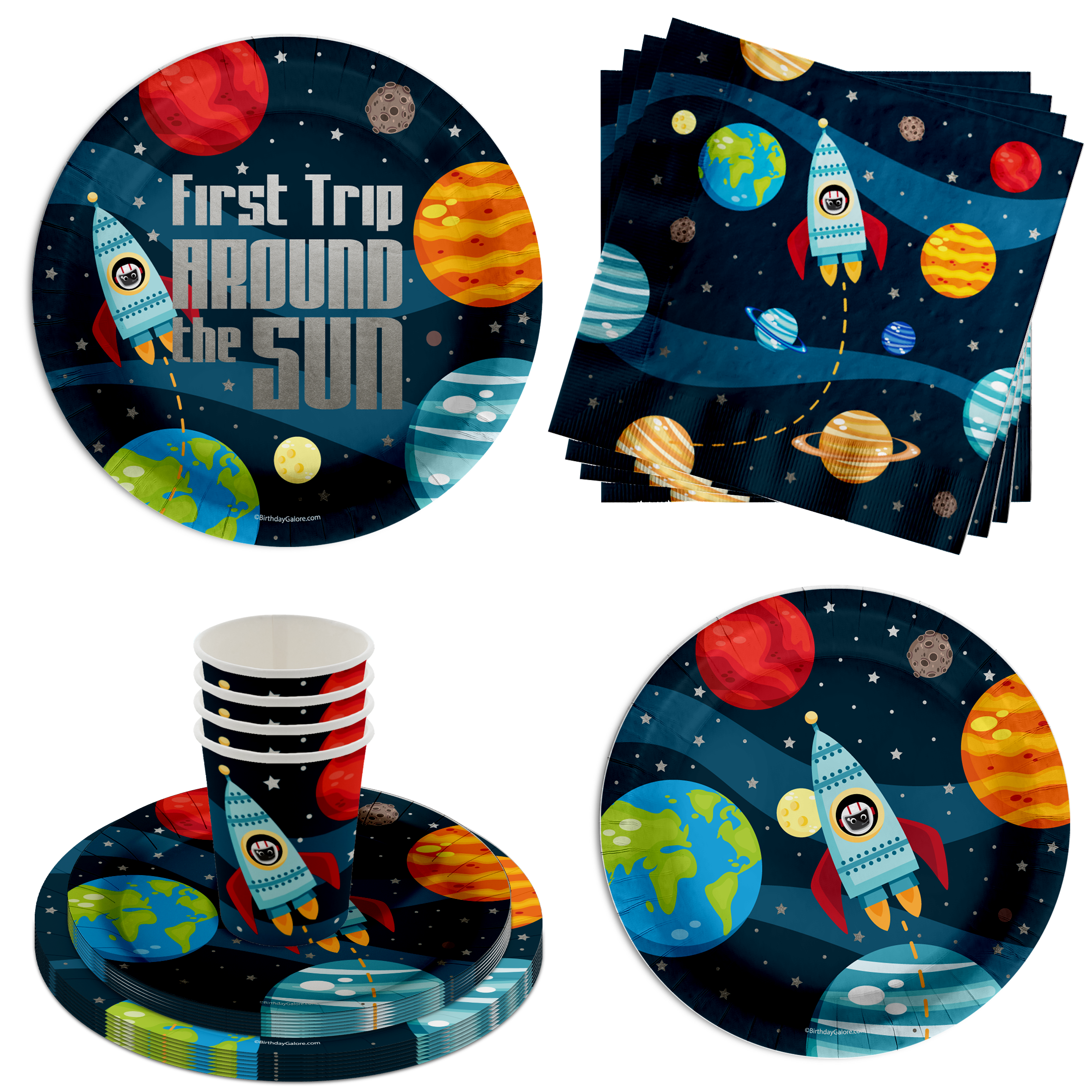 First Trip Around the Sun Astronaut 1st Birthday Party Tableware Kit For 16 Guests 64 Piece