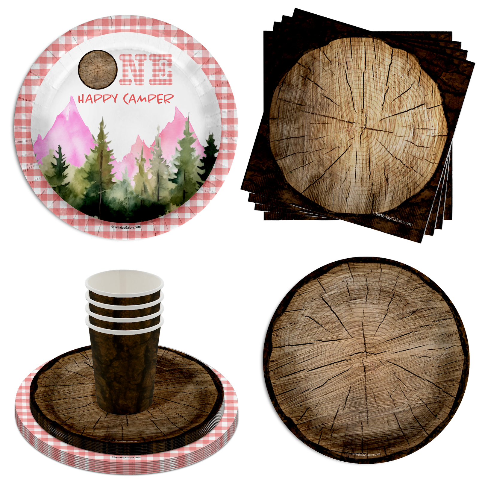 One Happy Camper Girl's 1st Birthday Party Supplies 64 Piece Tableware Set Includes Large 9" Paper Plates Dessert Plates, Cups and Napkins Kit for 16