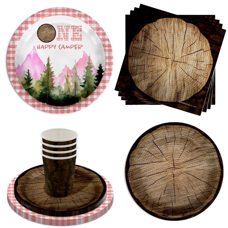 One Happy Camper Girl's 1st Birthday Party Supplies 64 Piece Tableware Set Includes Large 9" Paper Plates Dessert Plates, Cups and Napkins Kit for 16