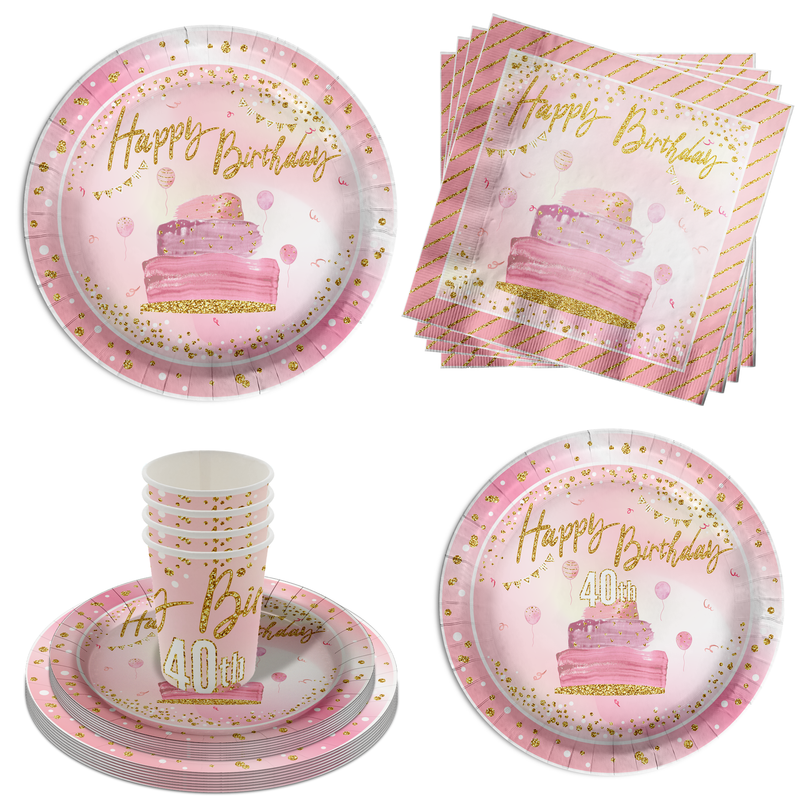 Pink and Gold 40th Birthday Party Tableware Kit For 16 Guests 64 Piece