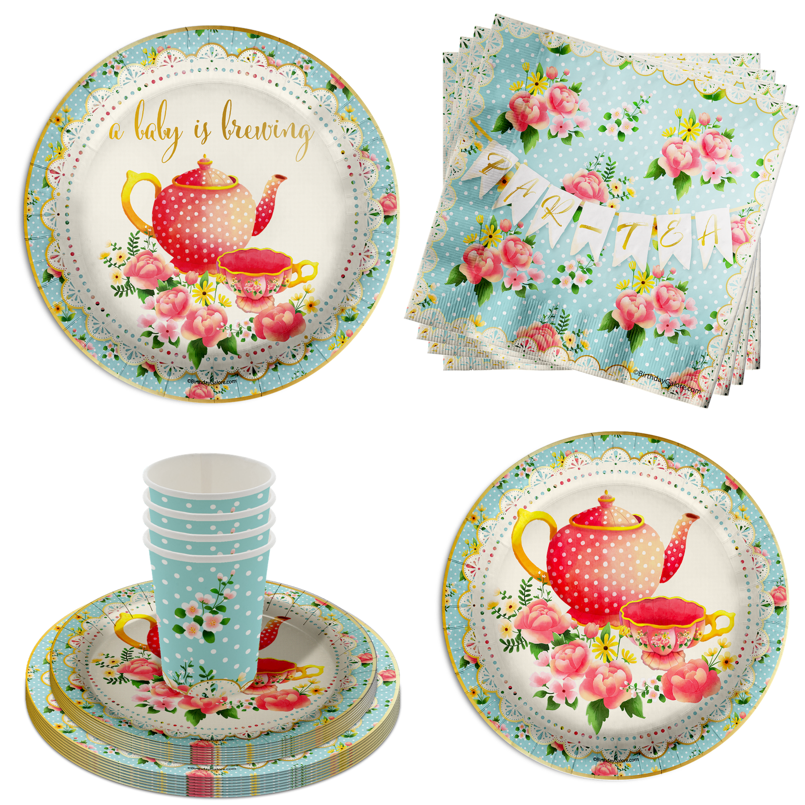 Baby is Brewing Tea Baby Shower Party Supplies 64 Piece Tableware Set Includes Large 9" Paper Plates Dessert Plates, Cups and Napkins Kit for 16