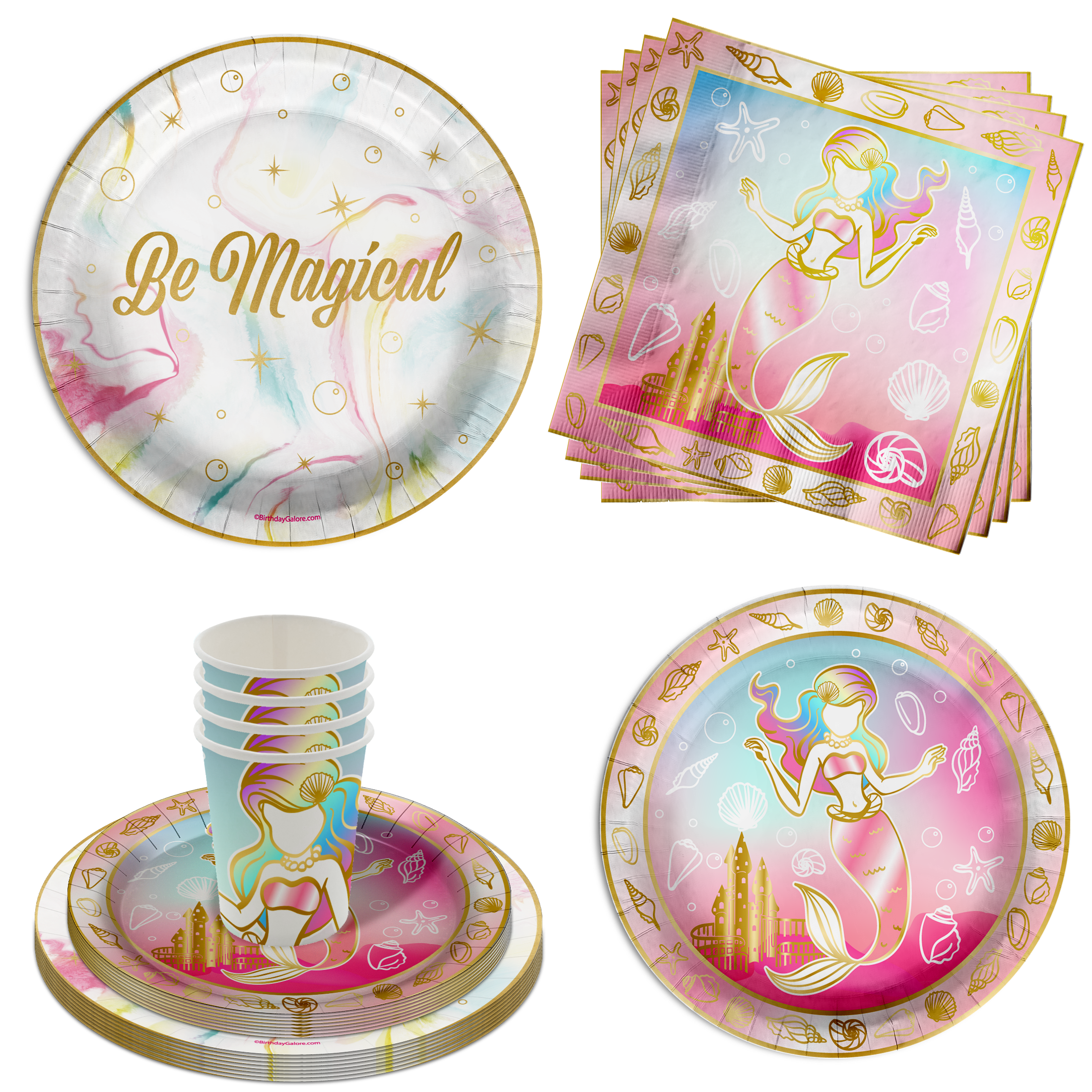 Gold Mermaid Birthday Party Tableware Kit For 16 Guests 64 Piece