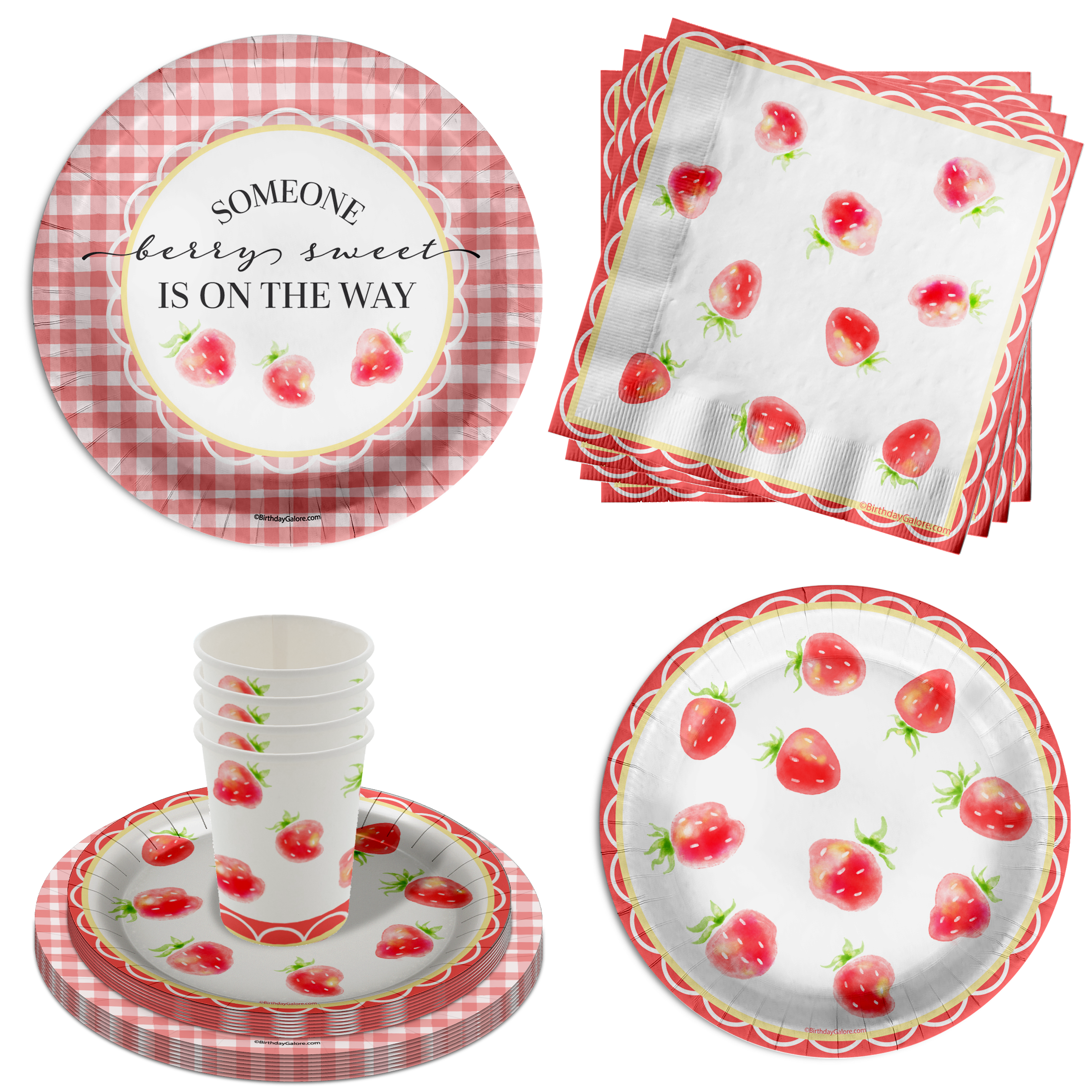 Someone Berry Sweet is on the Way Strawberry Baby Shower Party Supplies 64 Piece Tableware Set Includes Large 9" Paper Plates Dessert Plates, Cups and Napkins Kit for 16