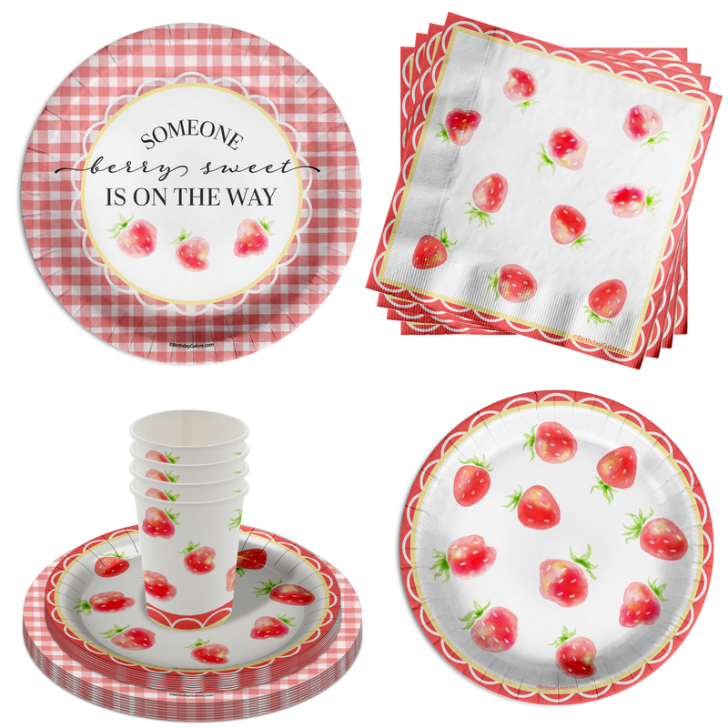Someone Berry Sweet is on the Way Strawberry Baby Shower Party Supplies 64 Piece Tableware Set Includes Large 9" Paper Plates Dessert Plates, Cups and Napkins Kit for 16