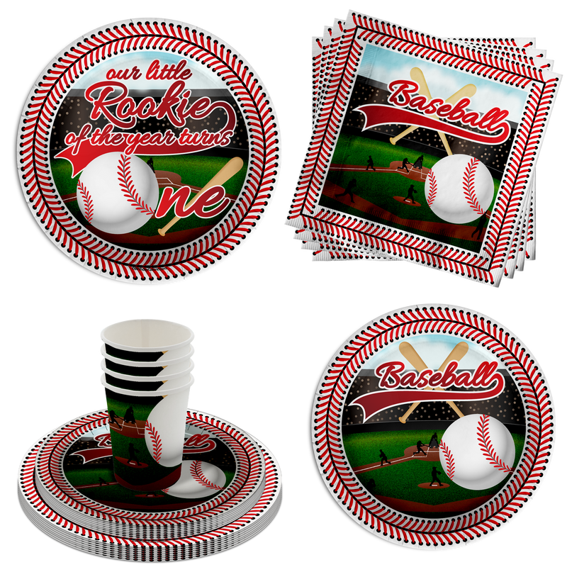 Rookie Year Baseball 1st Birthday Party Supplies 64 Piece Tableware Set Includes Large 9" Paper Plates Dessert Plates, Cups and Napkins Kit for 16