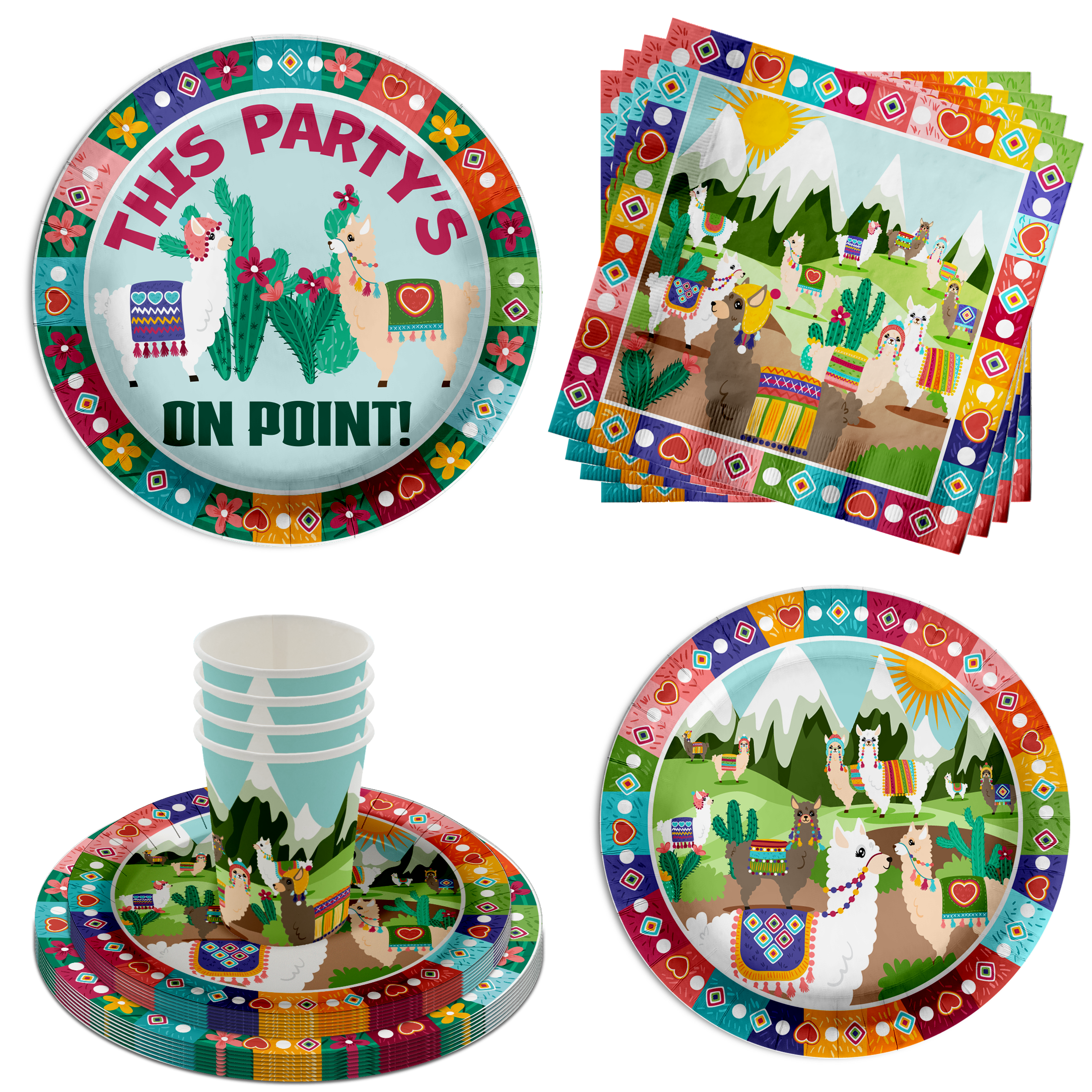 This Party is on Point Llama Birthday Party Tableware Kit For 16 Guests 64 Piece