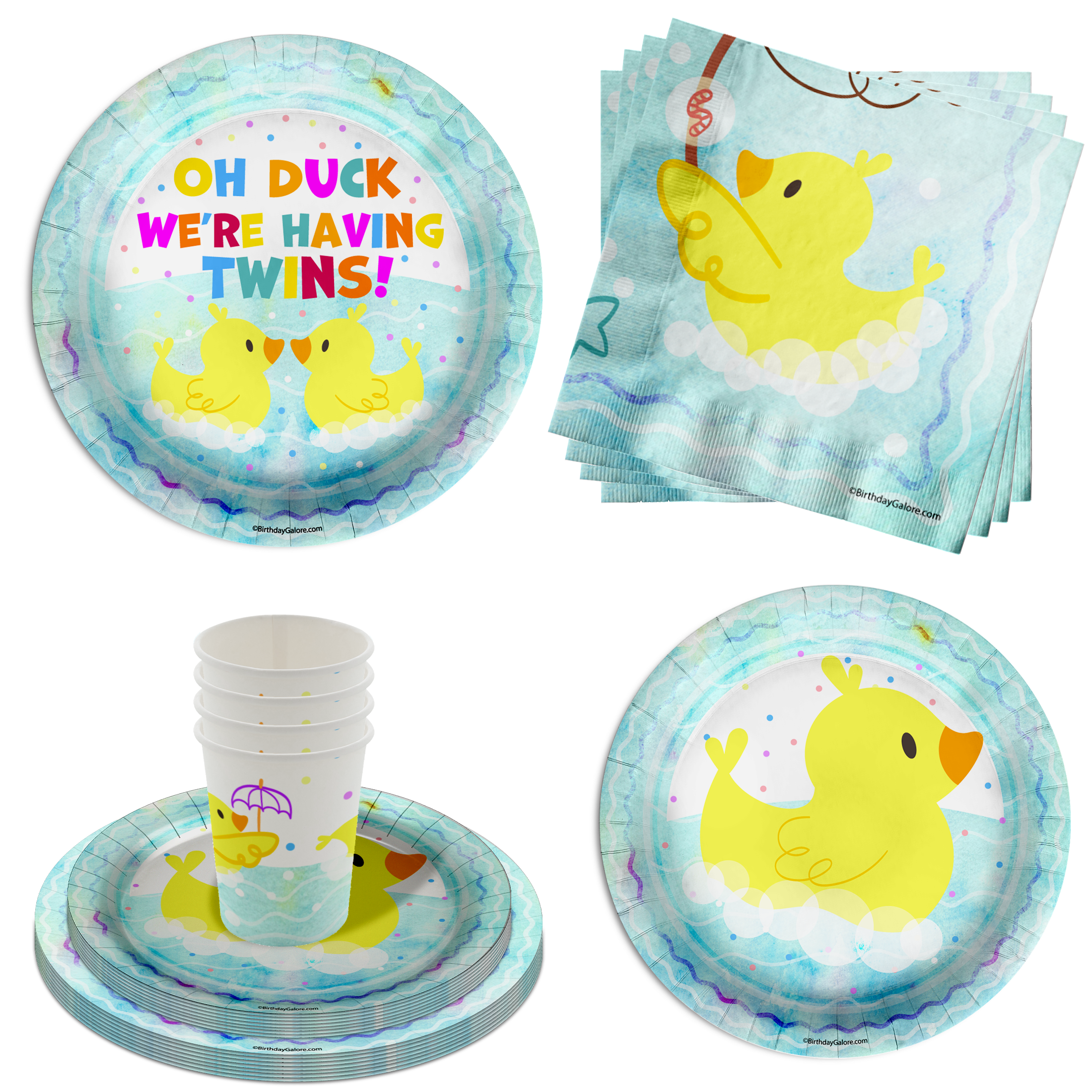 Oh Duck! We're Having Twins Baby Shower Party Supplies 64 Piece Tableware Set Includes Large 9" Paper Plates Dessert Plates, Cups and Napkins Kit for 16