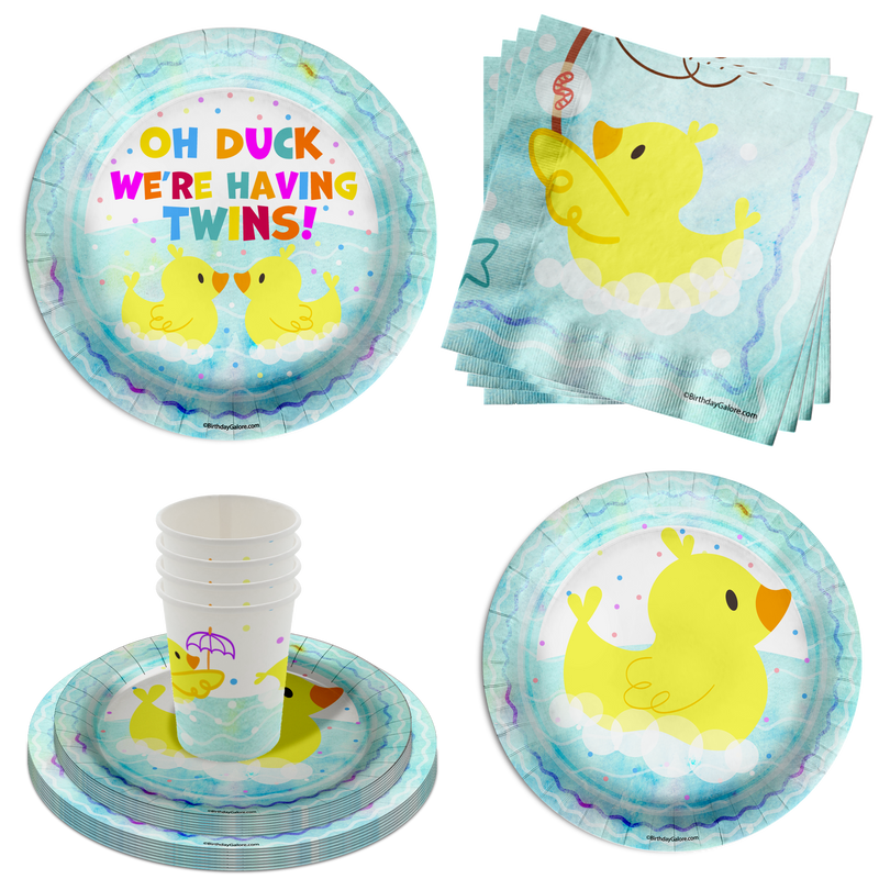 Oh Duck! We're Having Twins Baby Shower Party Supplies 64 Piece Tableware Set Includes Large 9" Paper Plates Dessert Plates, Cups and Napkins Kit for 16