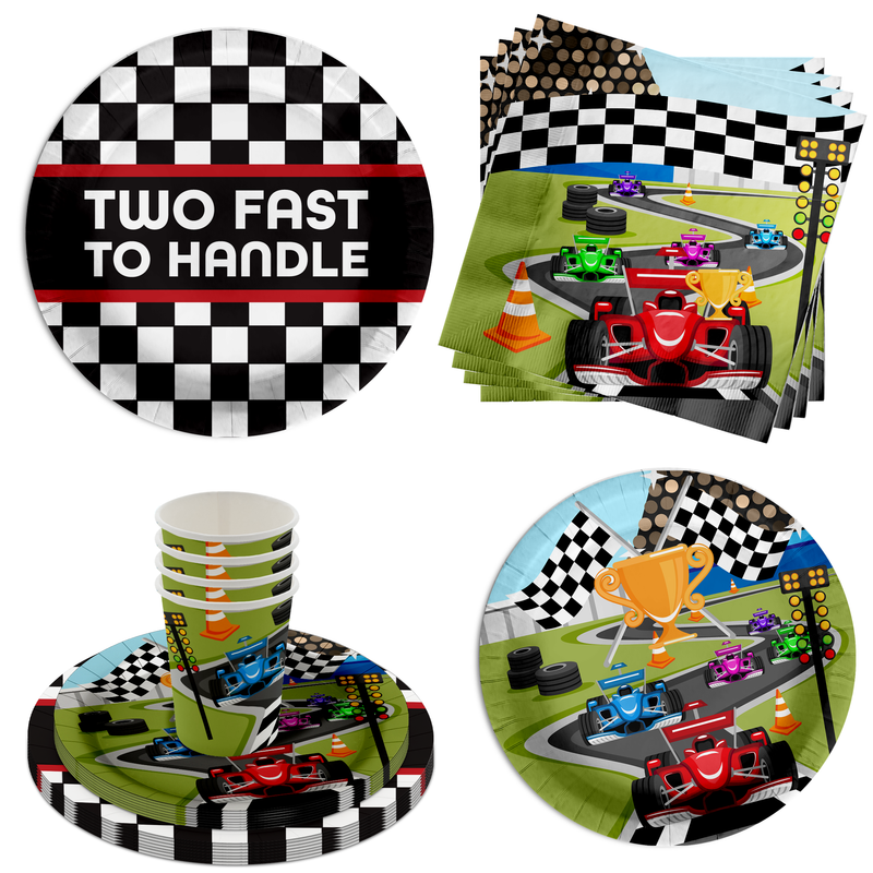 Two Fast Too Handle Race Car 2nd Birthday Party Tableware Kit For 16 Guests 64 Piece