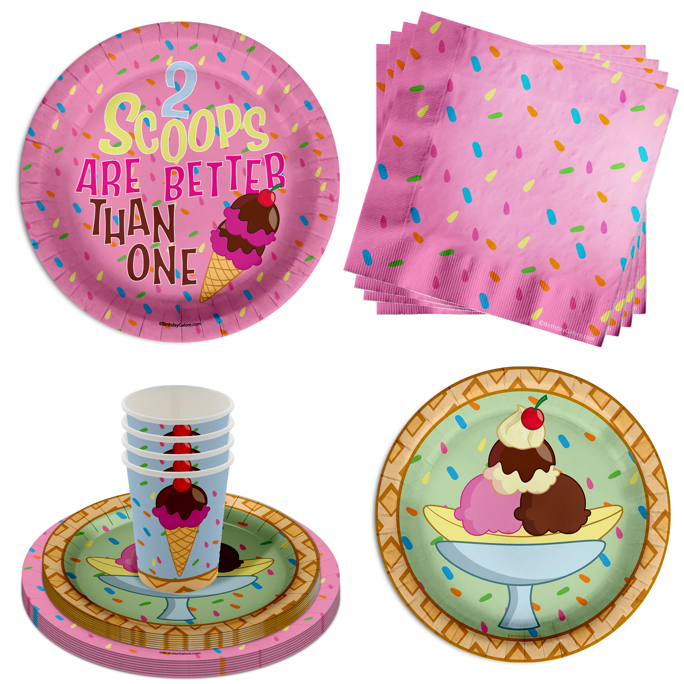 Girls 2nd Birthday Party Supplies - 2 Scoops Ice Cream Birthday Paper Plates - 64 Piece Tableware Set Includes Large 9" Paper Plates Dessert Plates, Cups and Napkins Kit for 16