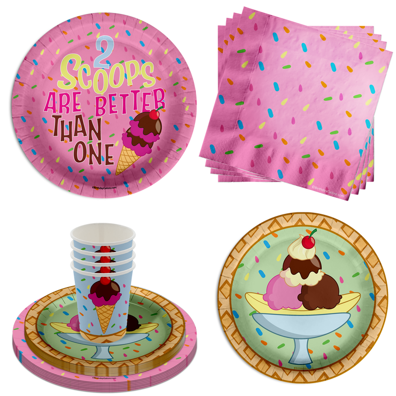 Girls 2nd Birthday Party Supplies - 2 Scoops Ice Cream Birthday Paper Plates - 64 Piece Tableware Set Includes Large 9" Paper Plates Dessert Plates, Cups and Napkins Kit for 16