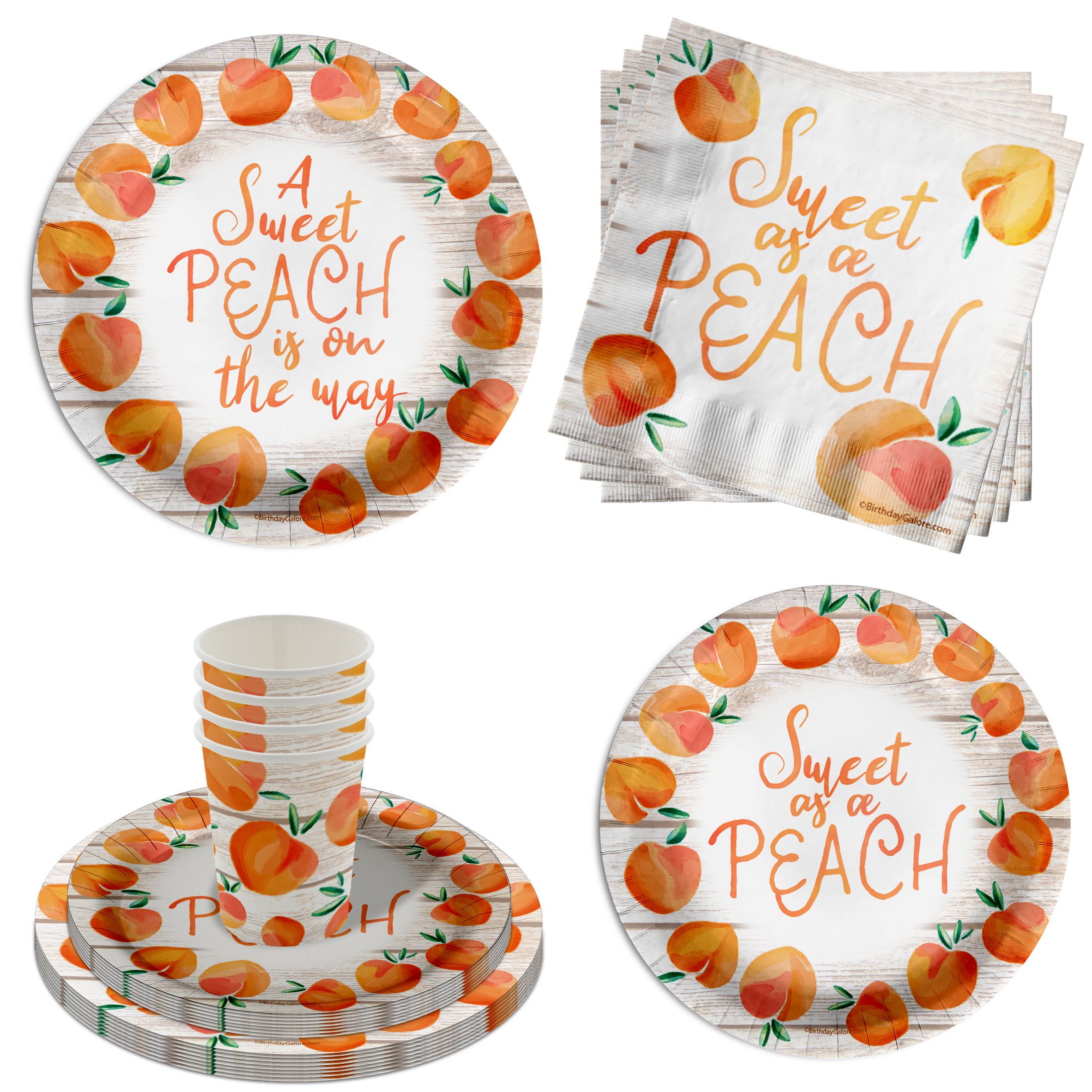 A Sweet Peach is on the Way Baby Shower Party Supplies 64 Piece Tableware Set Includes Large 9" Paper Plates Dessert Plates, Cups and Napkins Kit for 16