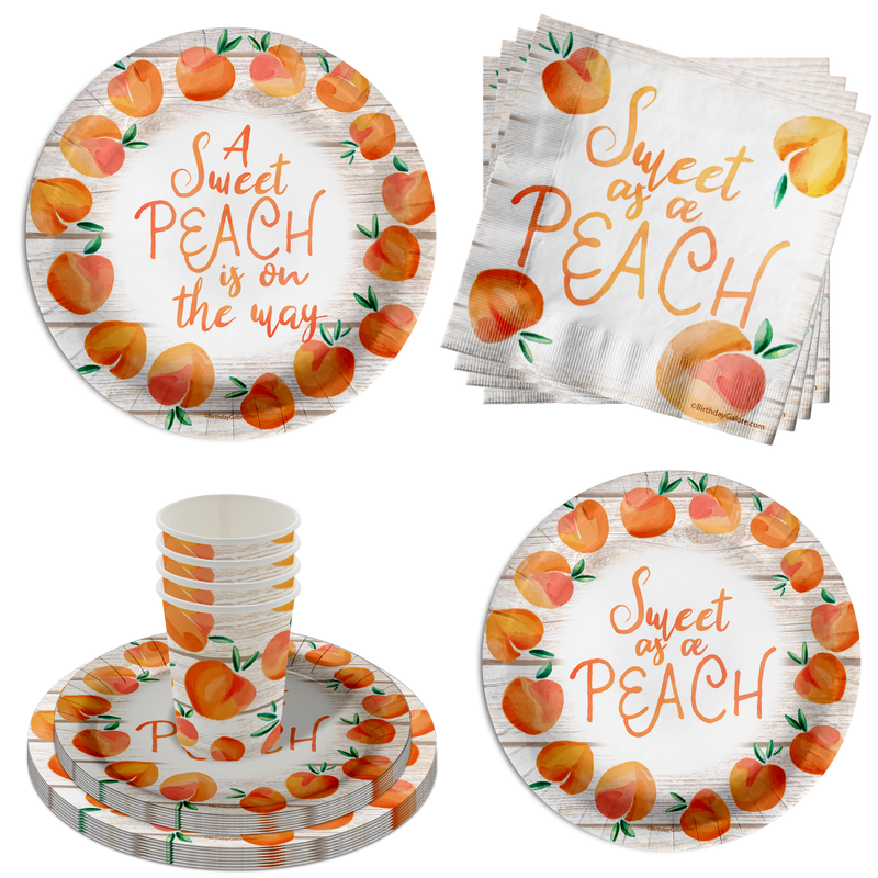 A Sweet Peach is on the Way Baby Shower Party Supplies 64 Piece Tableware Set Includes Large 9" Paper Plates Dessert Plates, Cups and Napkins Kit for 16