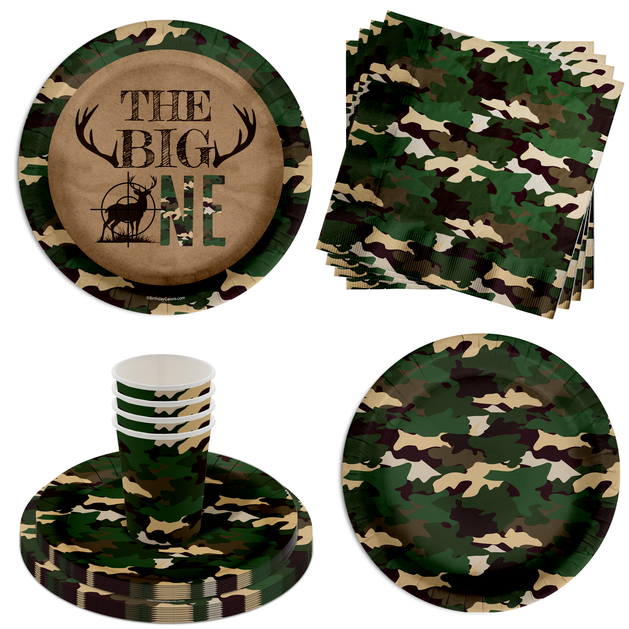 The BIG One Buck Hunter 1st Birthday Party Supplies 64 Piece Tableware Set Includes Large 9" Paper Plates Dessert Plates, Cups and Napkins Kit for 16