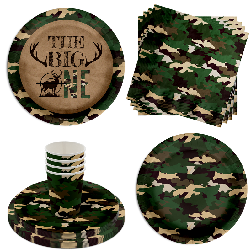 The BIG One Buck Hunter 1st Birthday Party Supplies 64 Piece Tableware Set Includes Large 9" Paper Plates Dessert Plates, Cups and Napkins Kit for 16