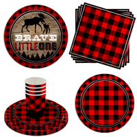 Brave Little One Buffalo Plaid 1st Birthday Party Tableware Kit For 16 Guests 64 Piece