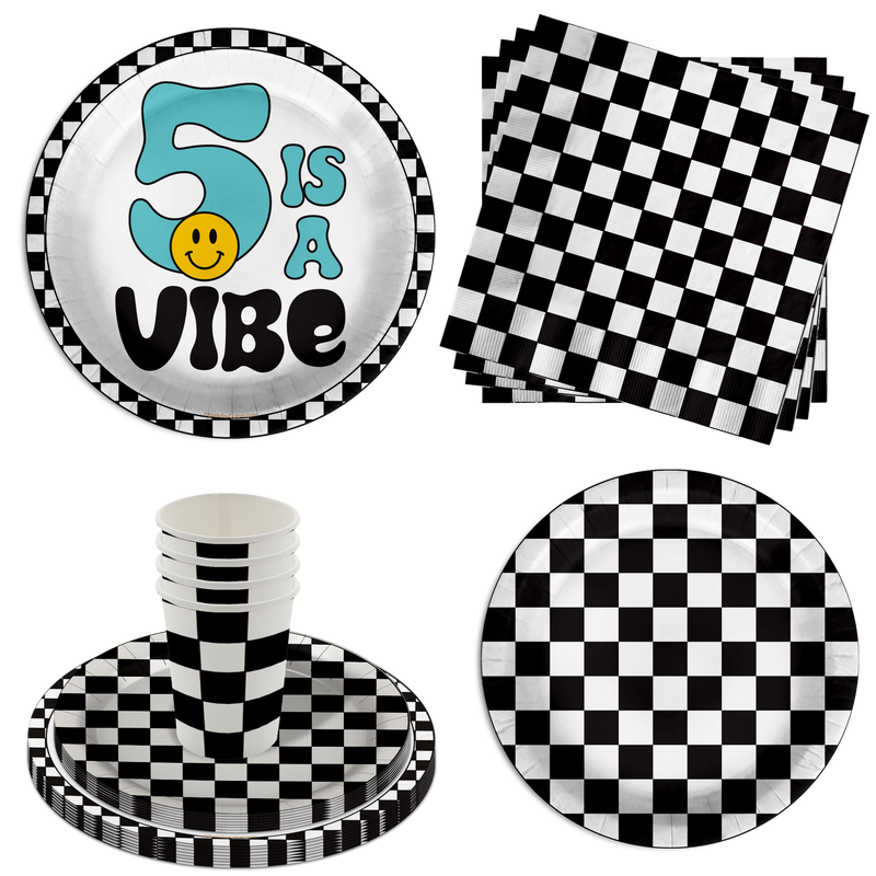 Five is a Vibe Smiley Face 5th Birthday Party Supplies 64 Piece Tableware Set Includes Large 9" Dinner Plate and Small Dessert Plates Cups and Napkins Tableware Kit for 16