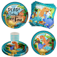 Roar I Turn Four 4th Birthday Party Tableware Kit For 16 Guests 64 Piece