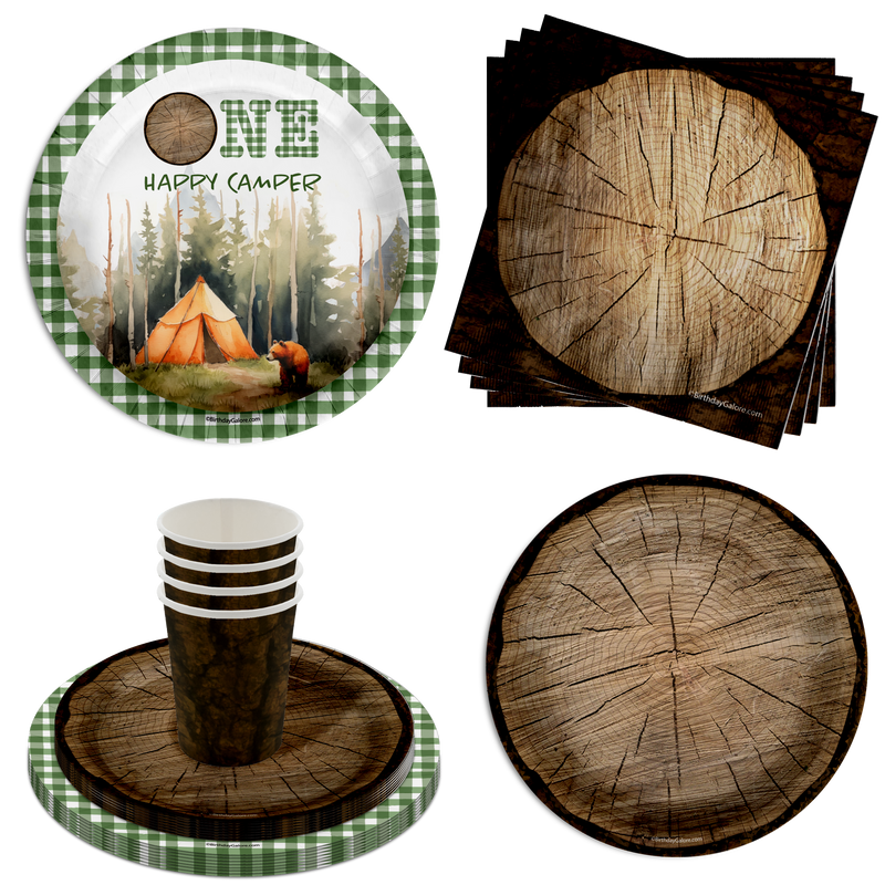 One Happy Camper Camping Boys 1st Birthday Party Supplies 64 Piece Tableware Set Includes Large 9" Paper Plates Dessert Plates, Cups and Napkins Kit for 16