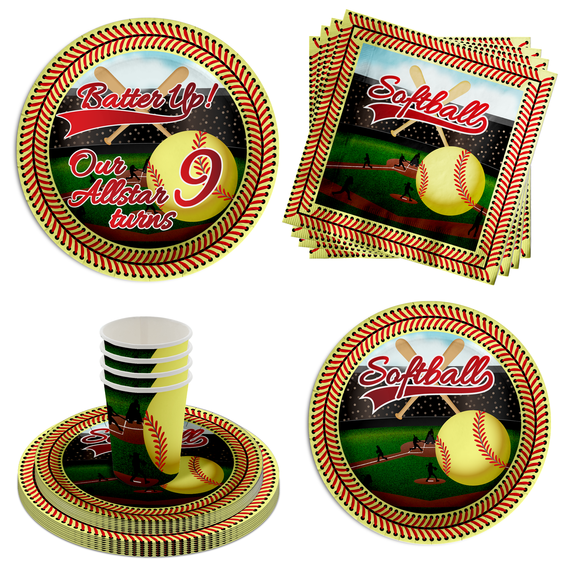 Softball 9th Birthday Party Supplies 64 Piece Tableware Set Includes Large 9" Paper Plates Dessert Plates, Cups and Napkins Kit for 16