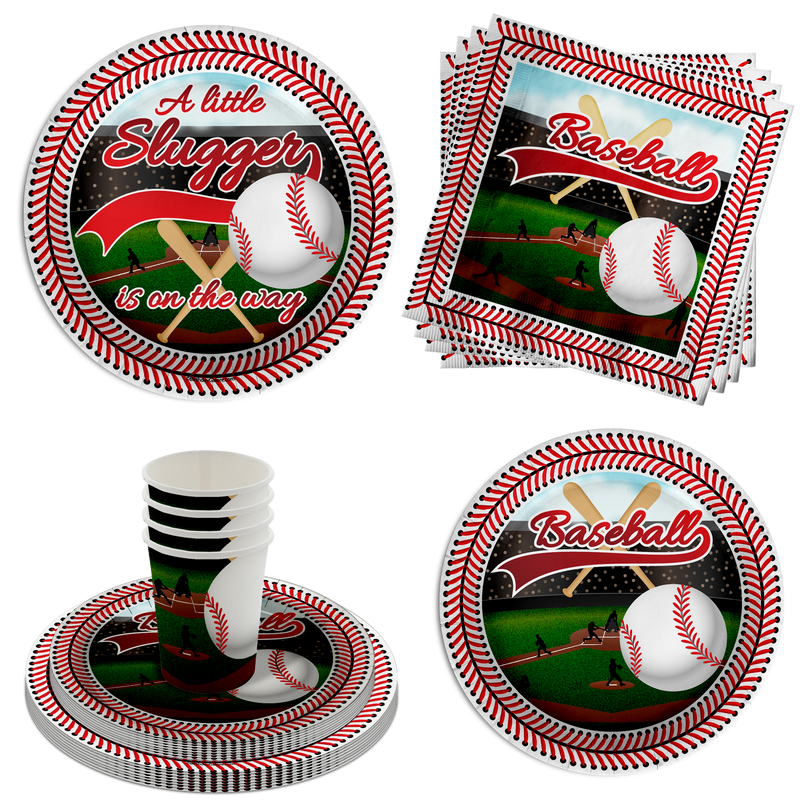 Little Slugger on the Way Baseball Baby Shower Party Supplies 64 Piece Tableware Set Includes Large 9" Paper Plates Dessert Plates, Cups and Napkins Kit for 16