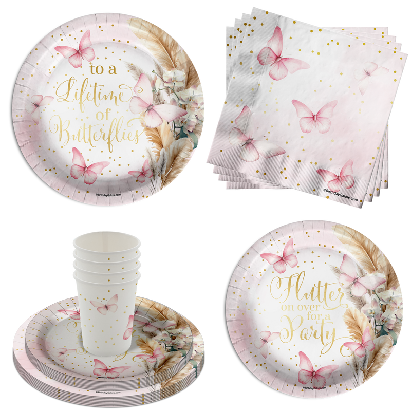 Butterfly Bridal Shower Party Supplies 64 Piece Tableware Set Includes Large 9" Paper Plates Dessert Plates, Cups and Napkins Kit for 16