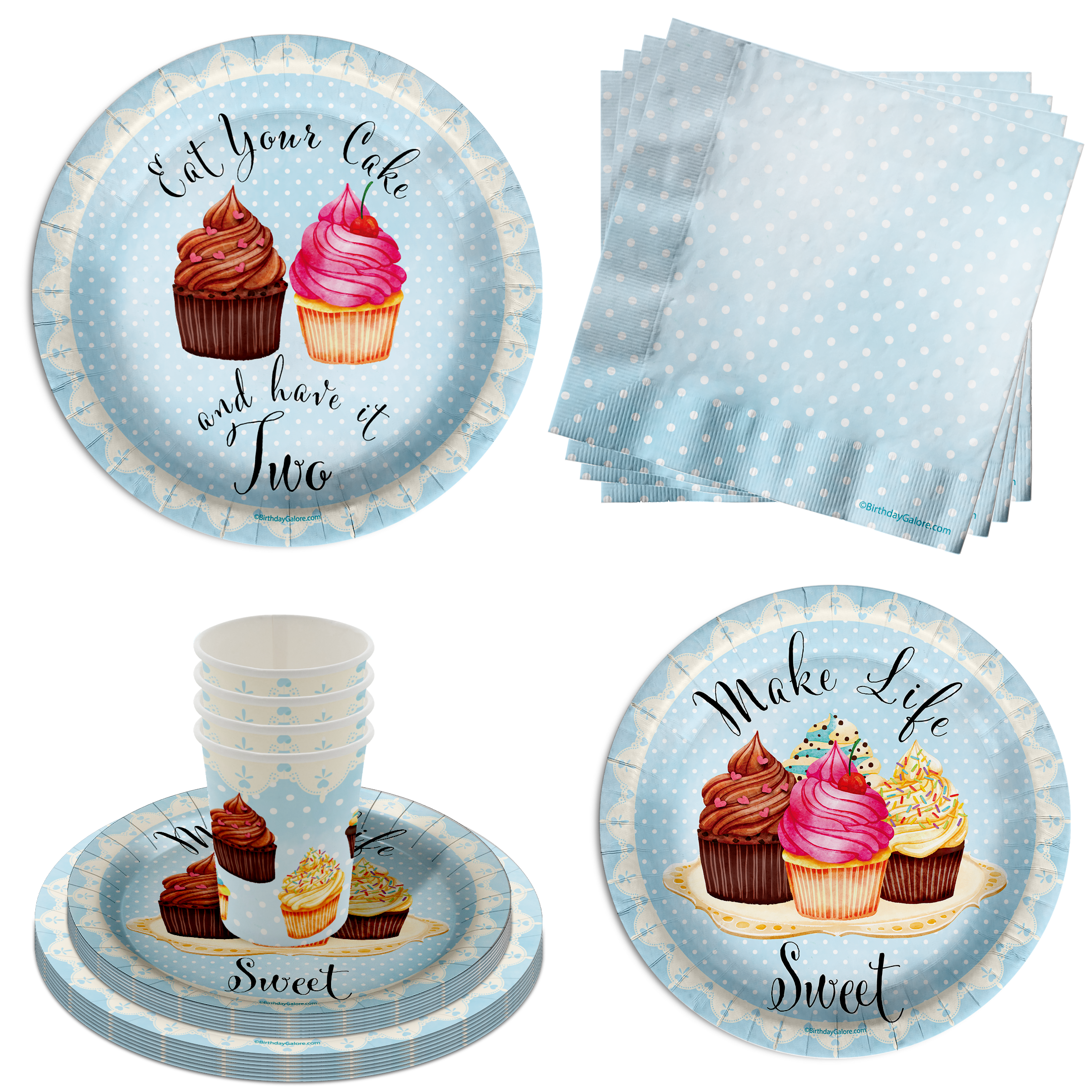 Have Your Cake and Eat it Two Cupcake 2nd Birthay Party Supplies 64 Piece Tableware Set Includes Large 9" Paper Plates Dessert Plates, Cups and Napkins Kit for 16