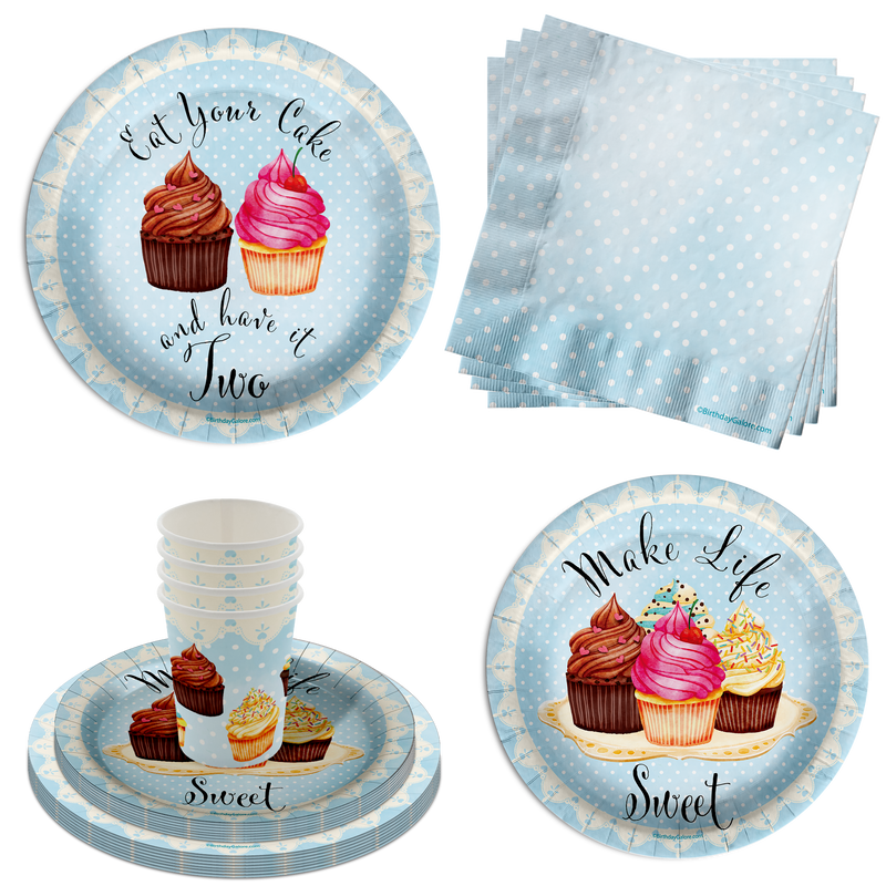 Have Your Cake and Eat it Two Cupcake 2nd Birthay Party Supplies 64 Piece Tableware Set Includes Large 9" Paper Plates Dessert Plates, Cups and Napkins Kit for 16