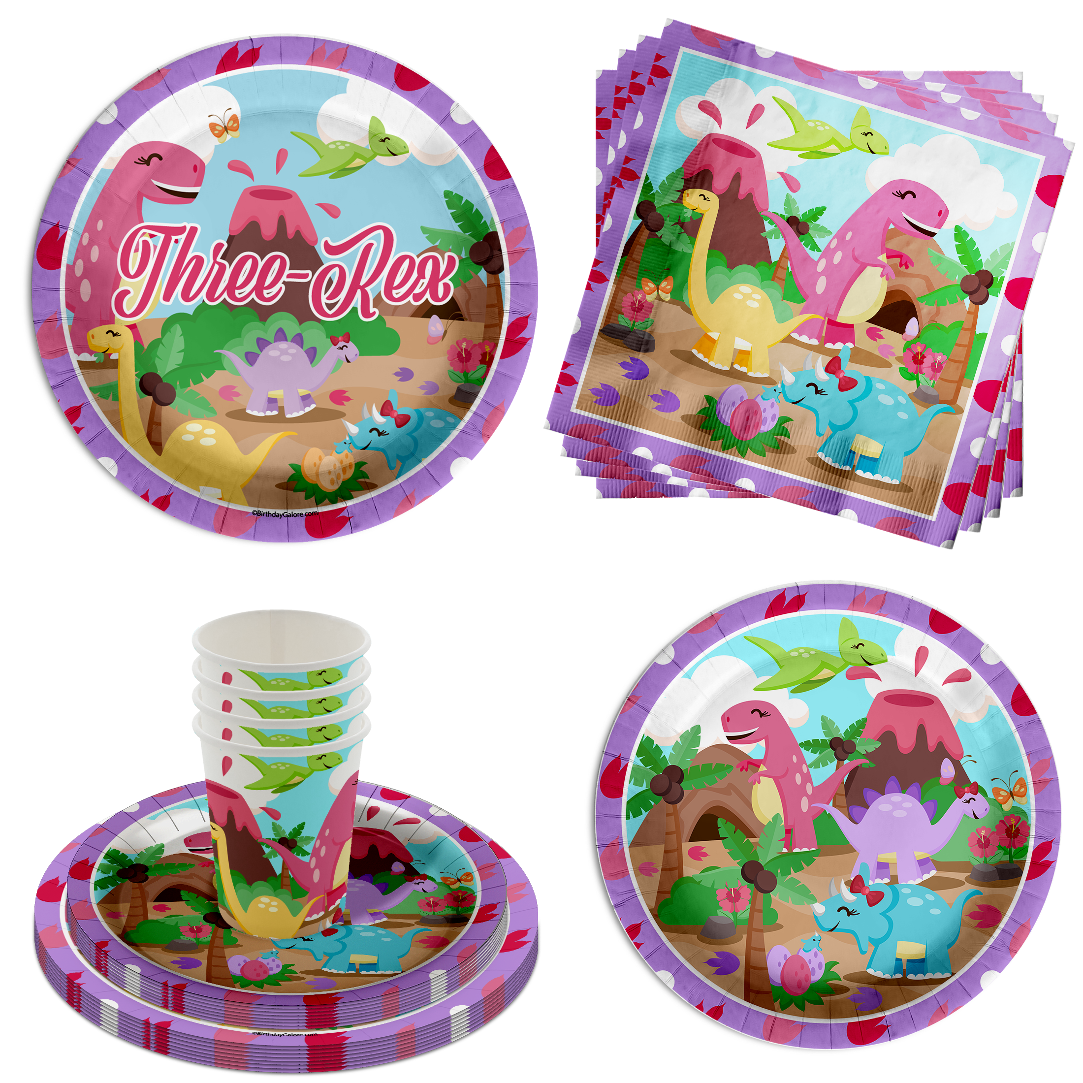 Three Rex Dinosaur Girl's 3rd Birthday Party Tableware Kit For 16 Guests 64 Piece