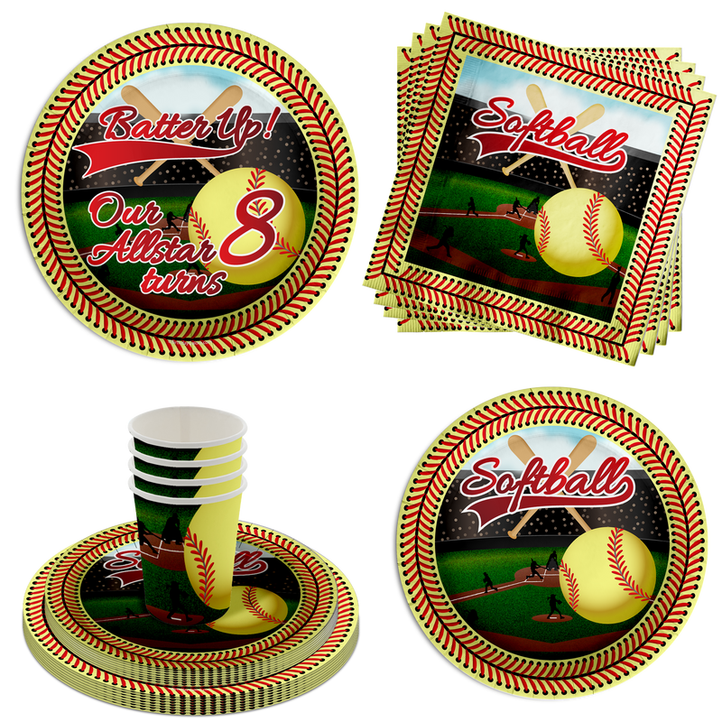 Softball 8th Birthday Party Supplies 64 Piece Tableware Set Includes Large 9" Paper Plates Dessert Plates, Cups and Napkins Kit for 16