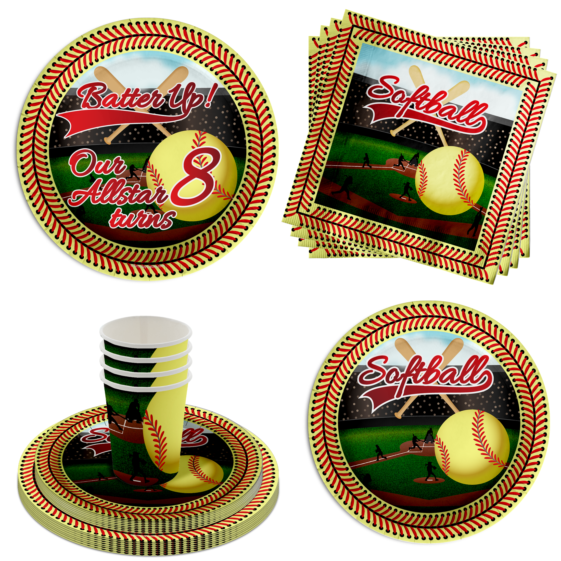 Softball 8th Birthday Party Supplies 64 Piece Tableware Set Includes Large 9" Paper Plates Dessert Plates, Cups and Napkins Kit for 16