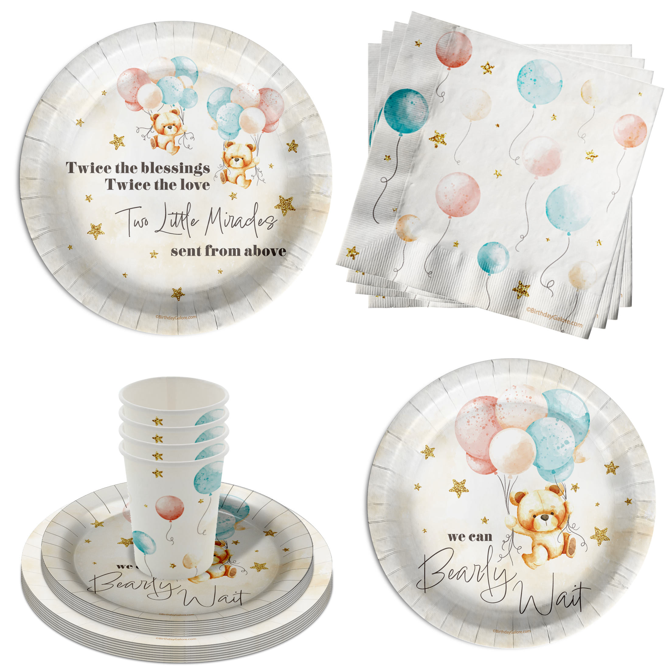 Twin Bear Baby Shower Tableware Kit For 16 Guests 64 Piece