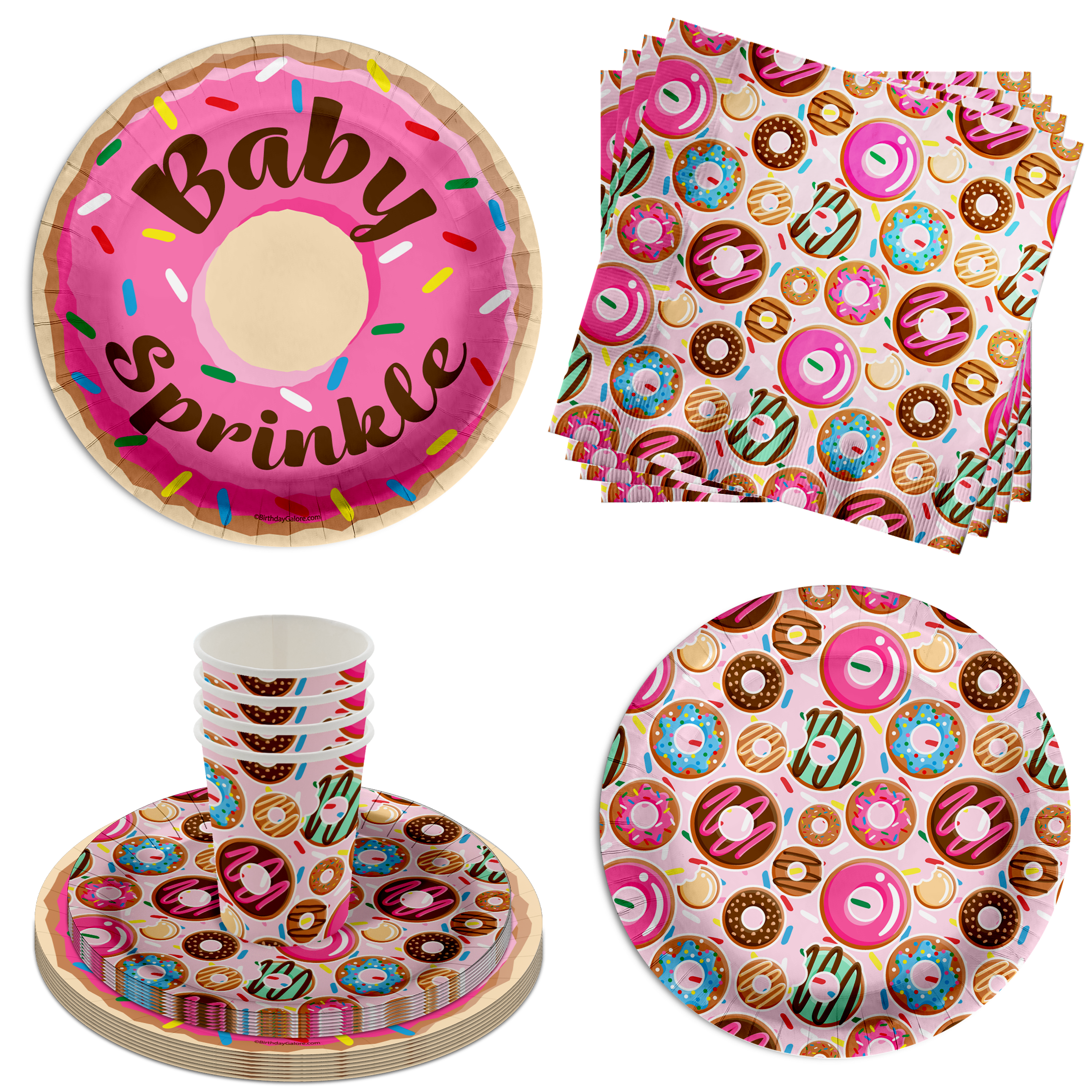 Donut Baby Sprinkles Baby Shower Party Supplies 64 Piece Tableware Set Includes Large 9" Paper Plates Dessert Plates, Cups and Napkins Kit for 16
