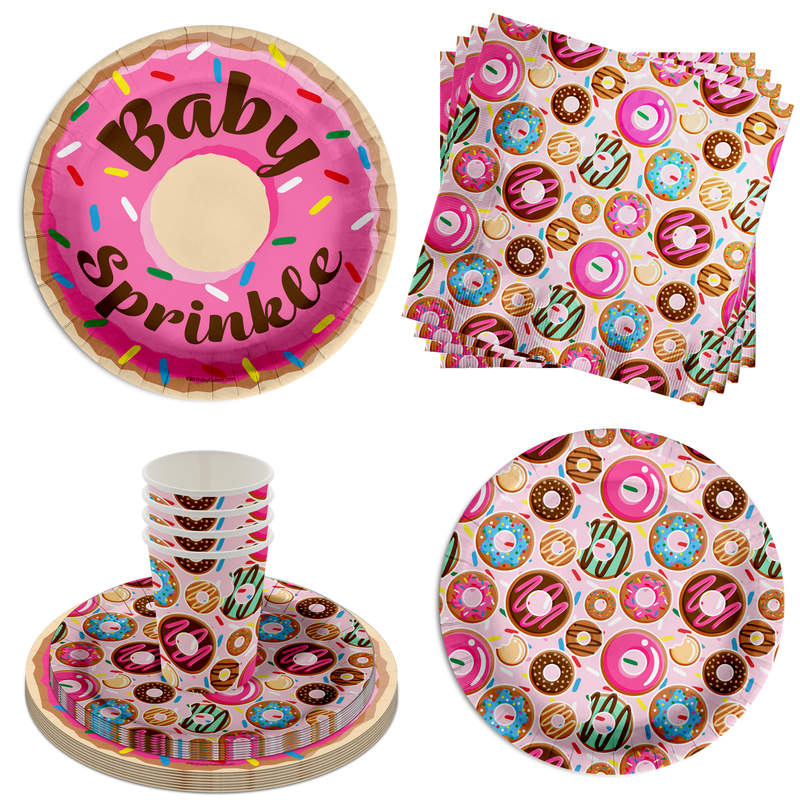 Donut Baby Sprinkles Baby Shower Party Supplies 64 Piece Tableware Set Includes Large 9" Paper Plates Dessert Plates, Cups and Napkins Kit for 16
