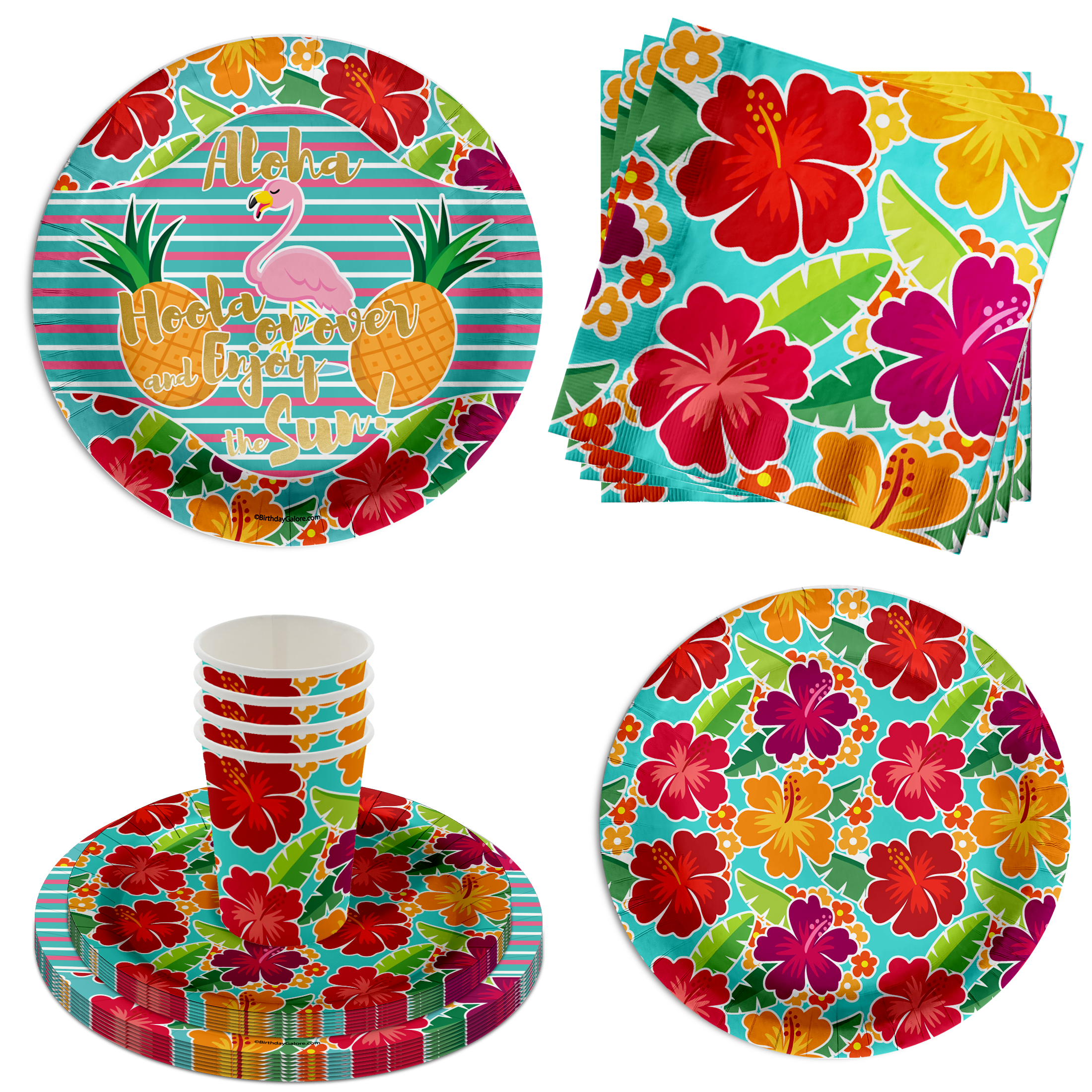 Hibiscus Birthday Party Tableware Kit For 16 Guests 64 Piece