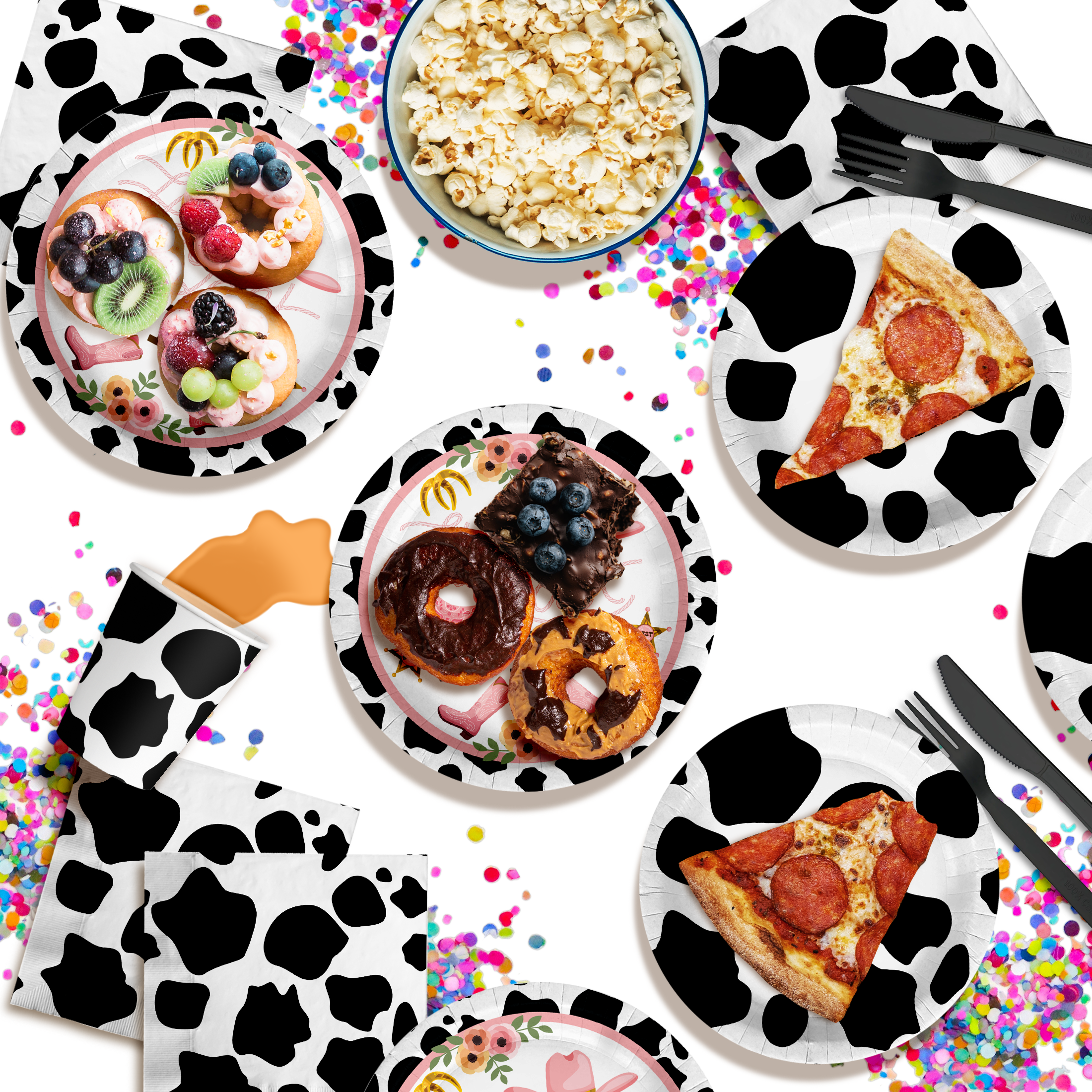 Her Last Rodeo Cow Print Party Tableware Kit For 16 Guests 64 Piece