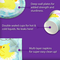 Oh Duck! We're Having Twins Baby Shower Party Supplies 64 Piece Tableware Set Includes Large 9" Paper Plates Dessert Plates, Cups and Napkins Kit for 16