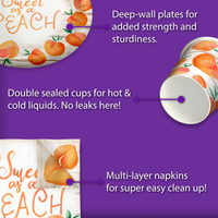 A Sweet Peach is on the Way Baby Shower Party Supplies 64 Piece Tableware Set Includes Large 9" Paper Plates Dessert Plates, Cups and Napkins Kit for 16