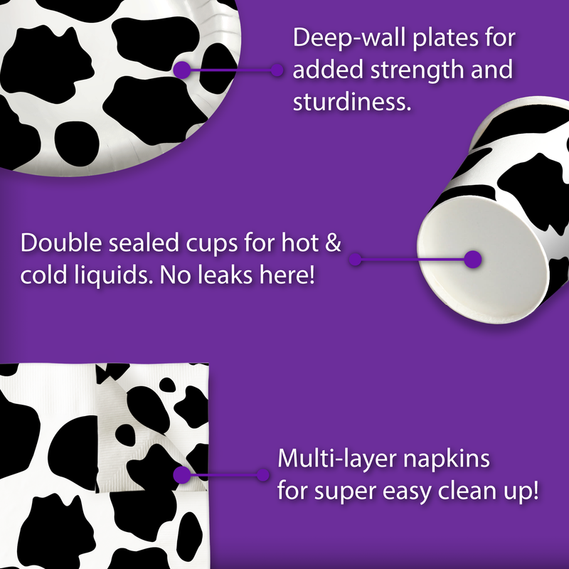 Howdy Y'all It's A Party Cow Print Birthday Party Tableware Kit For 16 Guests 64 Piece