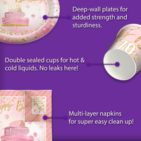 Pink and Gold 70th Birthday Party Tableware Kit For 16 Guests 64 Piece