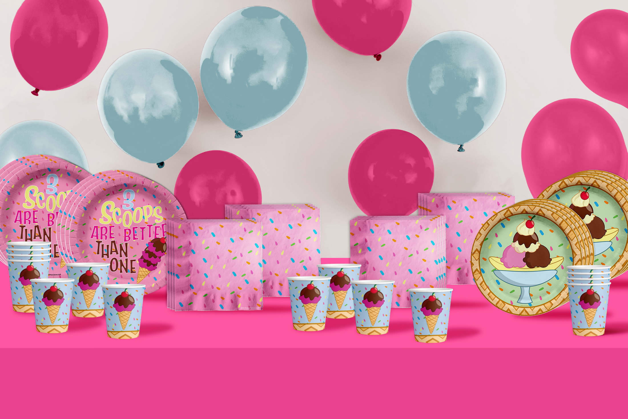 Girls 3rd Birthday Party Supplies - Three Scoops Ice Cream Birthday Paper Plates - 64 Piece Tableware Set Includes Large 9" Paper Plates Dessert Plates, Cups and Napkins Kit for 16