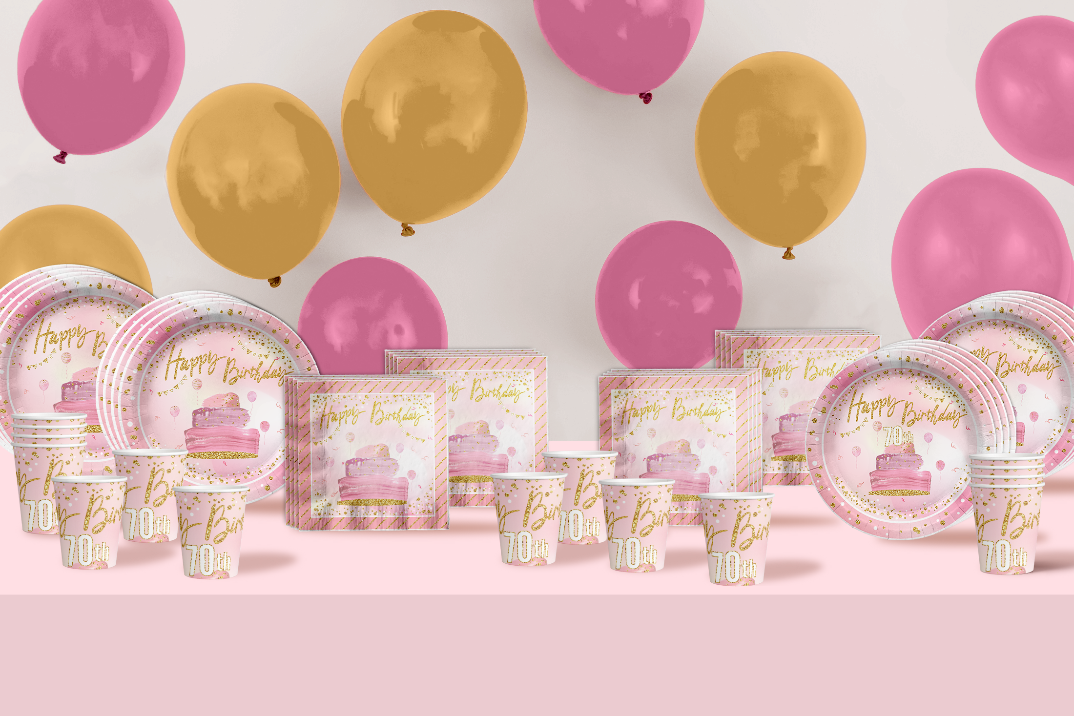 Pink and Gold 70th Birthday Party Tableware Kit For 16 Guests 64 Piece